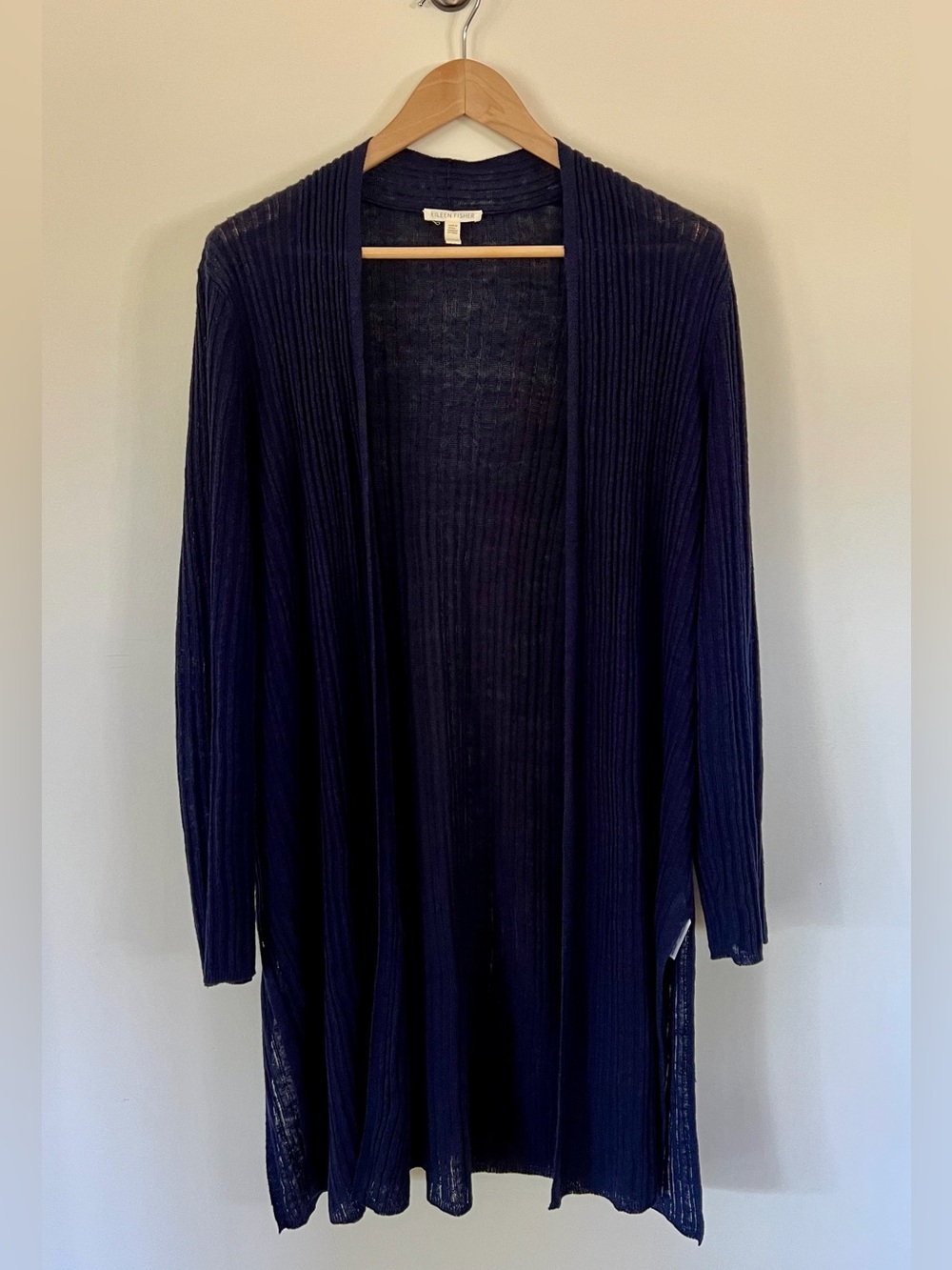 Eileen Fisher Navy Ribbed Open-Front Long Cardigan